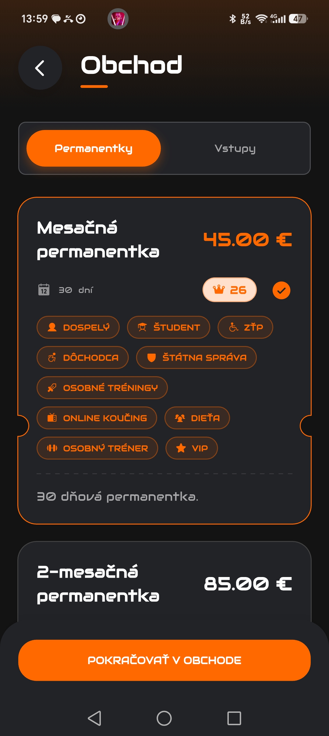 OnGym appka, registrace a nákupy