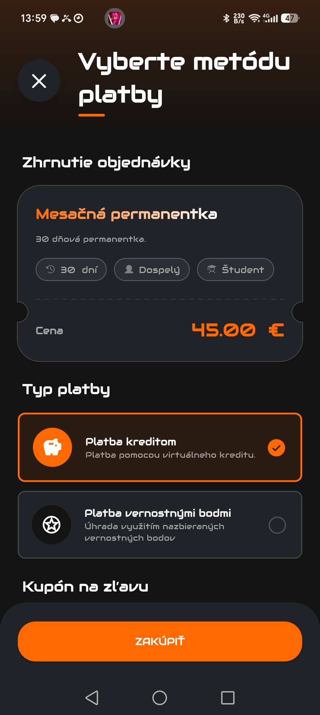 Branded aplikace fitness centra, ukázka obrazovky
