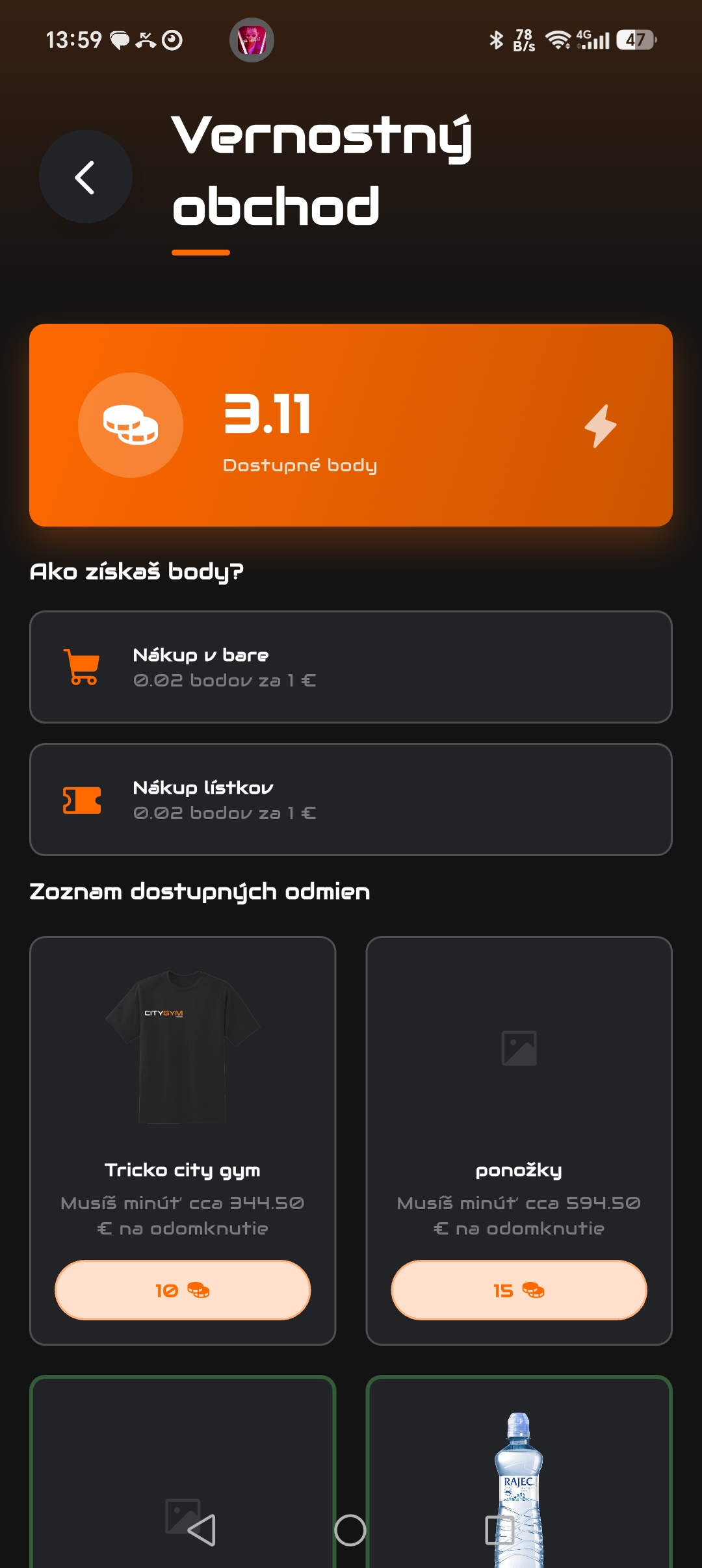 OnGym appka, věrnost a profil