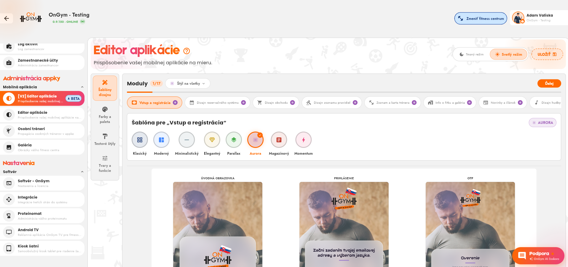 Editor aplikace OnGym s živým náhledem telefonu