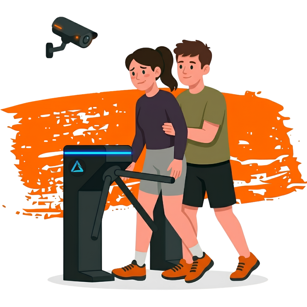 Dva lidé procházejí přes turniket na jedno pípnutí – AI kamera OnGym detekuje tailgating